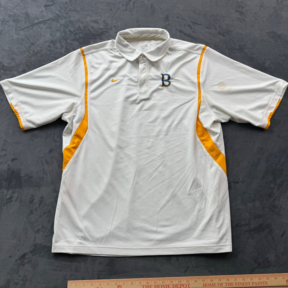 Nike Team FITDRY Polo Shirt Mens XL White Yellow Embroidered B Logo Short Sleeve